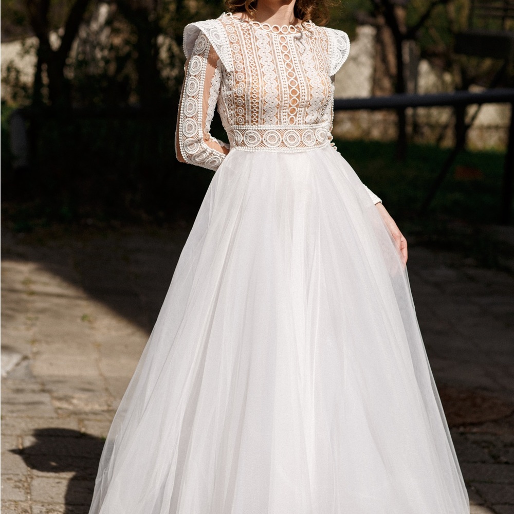 Boho modern wedding dress white macrame
